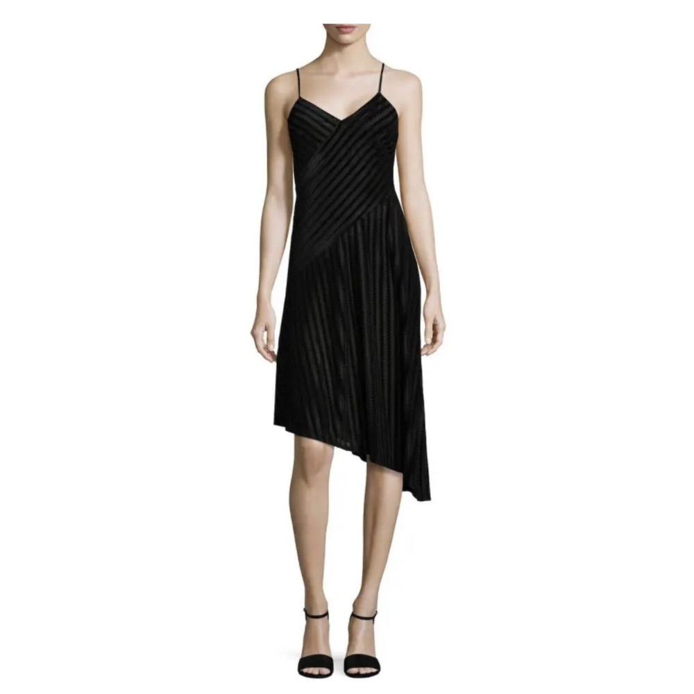 Shoshanna - Black Velvet Zig-Zag Stripe Embossed Midi‎ Dress w/ Asymmetrical Hem